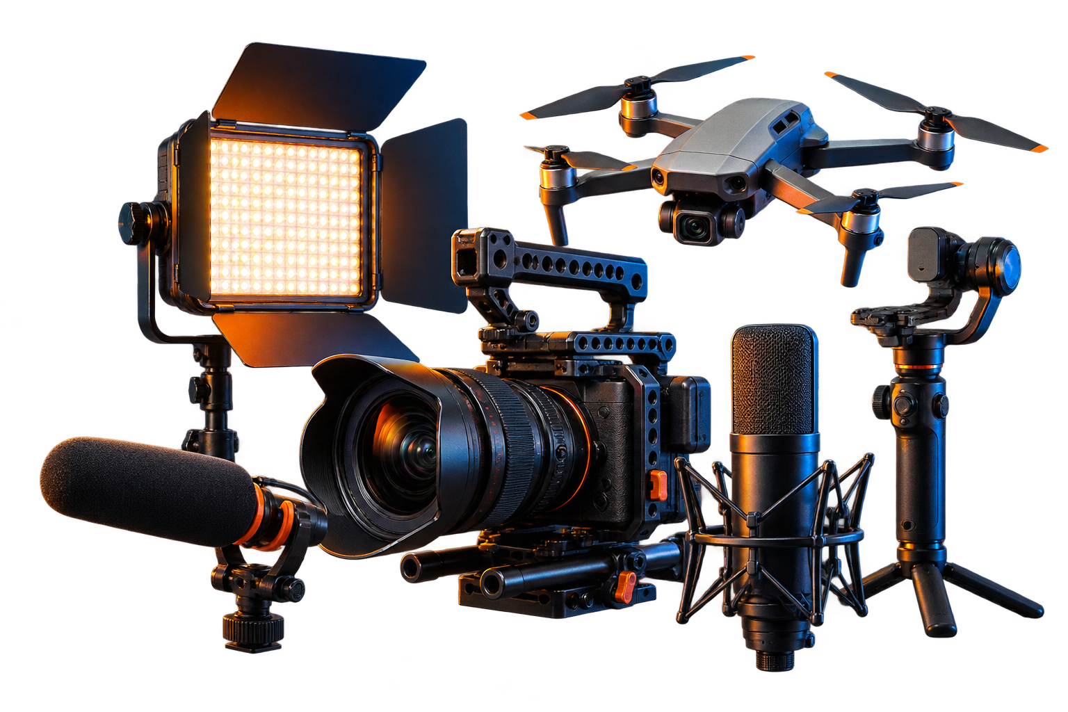 Conjunto de equipamentos audiovisuais com câmera, drone, microfones e iluminação